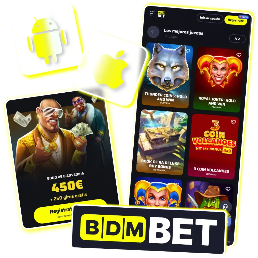 Aplicación móvil BDMbet con acceso rápido a juegos casino y apuestas deportivas.