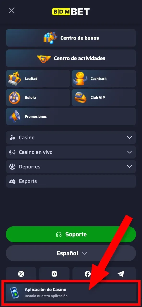 Descarga la PWA de BDMbet desde la opción de aplicación de casino en la página.