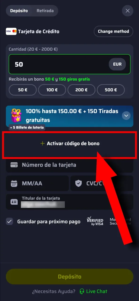 Activa tu bono en BDMbet seleccionando la opción correspondiente e ingresando tu código promocional.