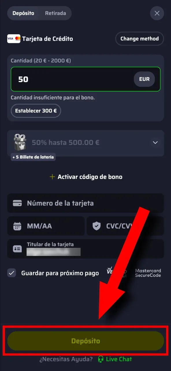 Completa tu depósito en BDMbet ingresando el monto y confirmando la operación.