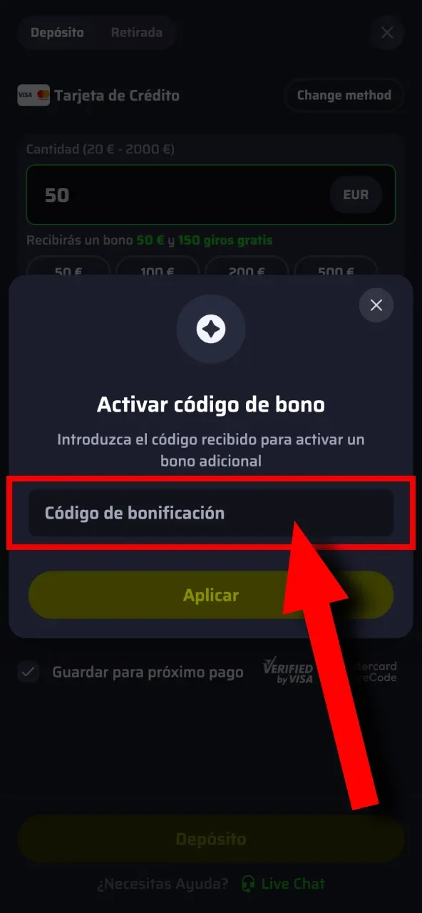 Escribe tu código en el campo habilitado en BDMbet y confirma la activación.