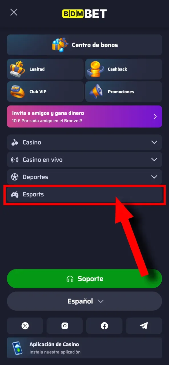 Plataforma de BDMbet con acceso exclusivo a torneos y juegos de Esports desde su menú.