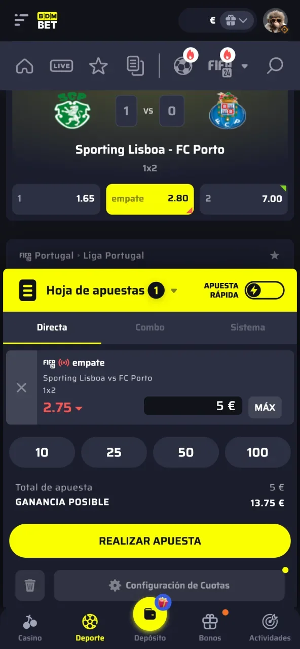 Establece el importe de tu apuesta en BDMbet, y confírmala con un clic.