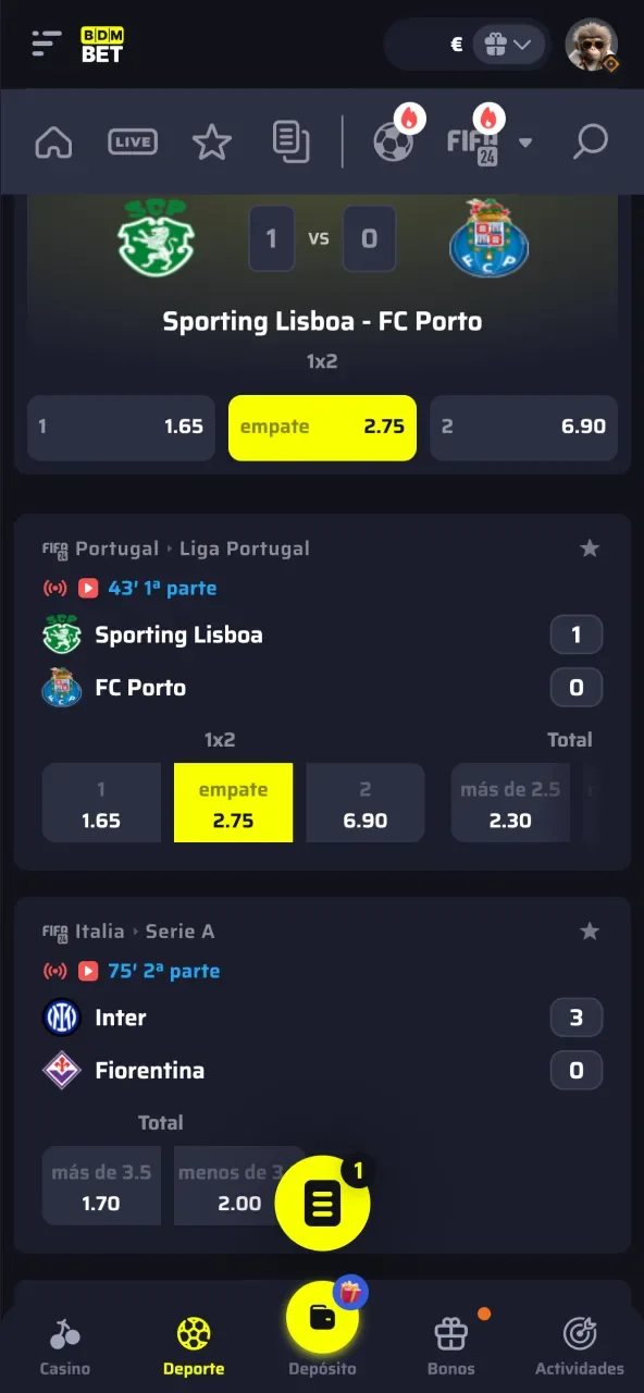Selecciona tu apuesta en BDMbet y despliega la hoja con los detalles antes de confirmar.
