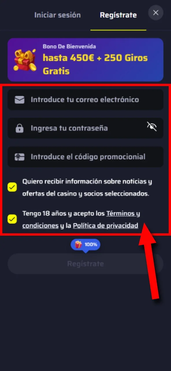 Introduce tu email, contraseña y promocode si lo tienes para registrarte en BDMbet.
