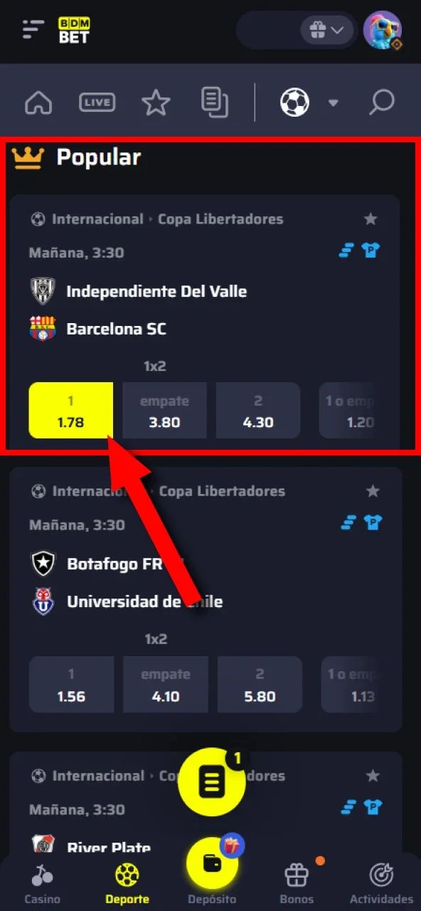 Seleccione un evento futbolístico para apostar en BDMbet.
