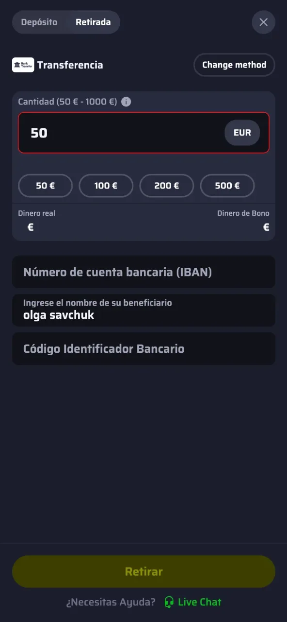 Establece la cantidad a retirar en BDMbet, revisa los detalles y confirma la operación.