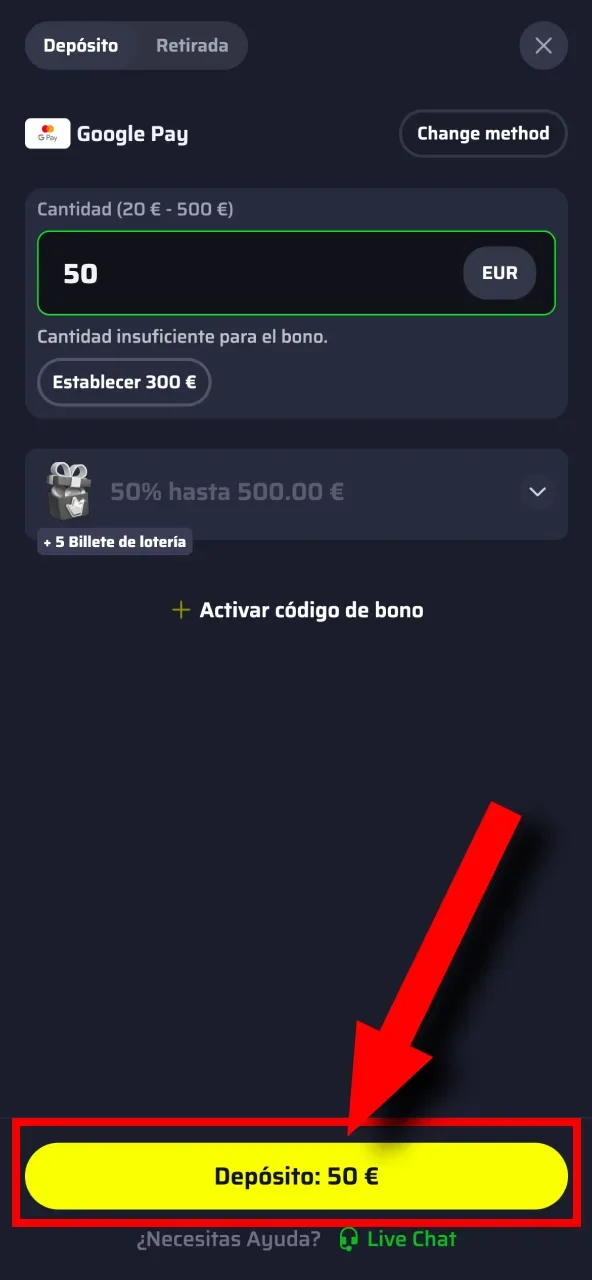 Define el importe de tu depósito en BDMbet y completa los campos.