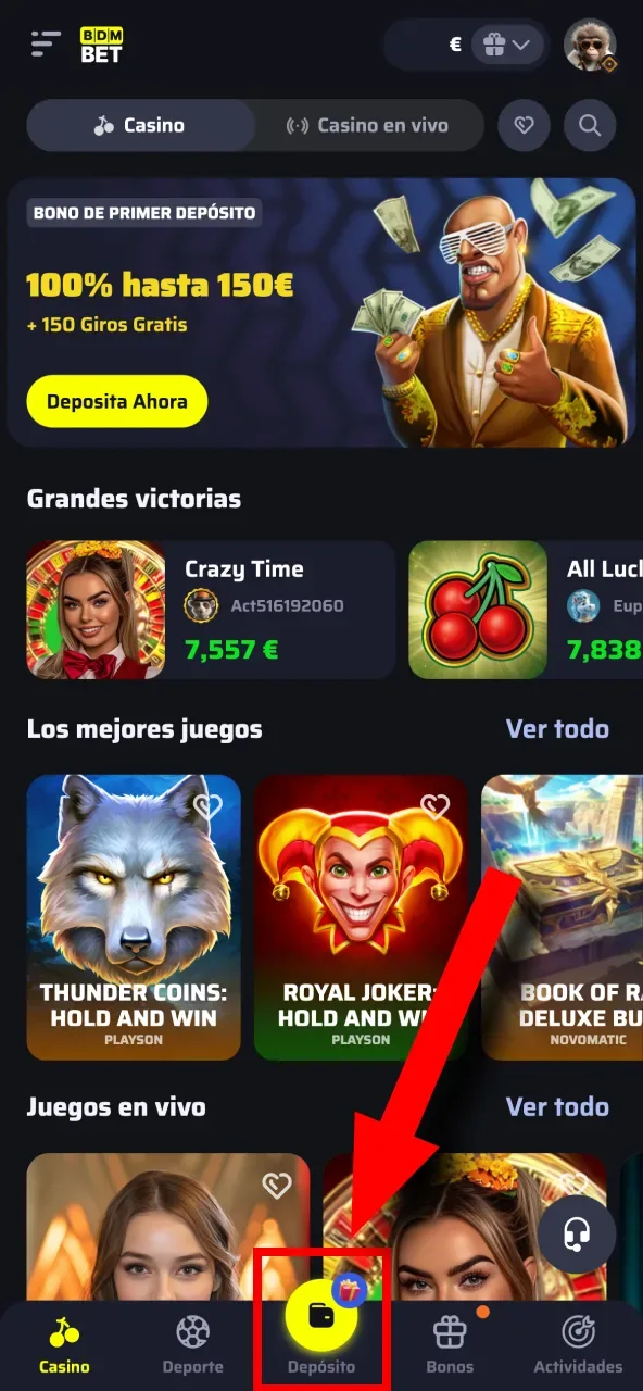 Plataforma de BDMbet con acceso seguro a la sección de monedero desde el perfil del usuario.