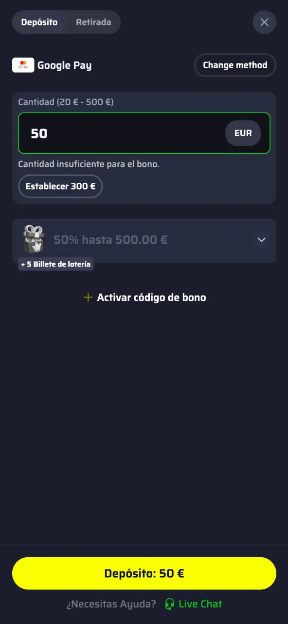 Define el importe de tu depósito en BDMbet y completa los campos.