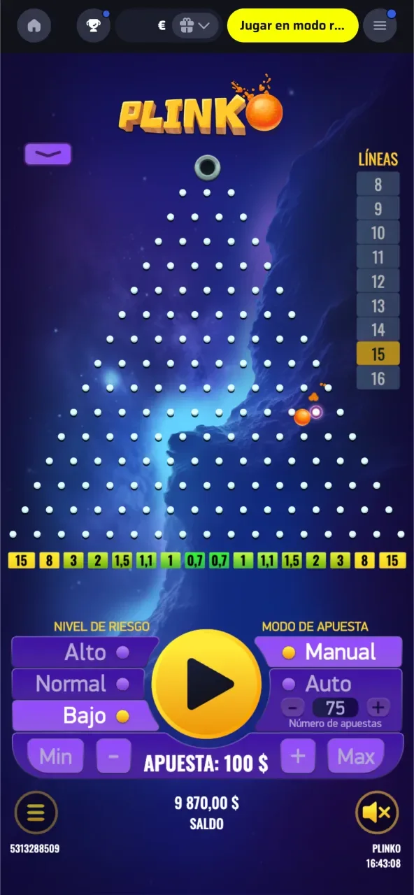 Observa el proceso de juego de Plinko en BDMbet y sigue la trayectoria de la ficha.