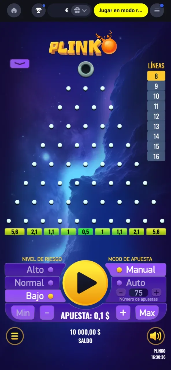 Ajusta el monto de tu apuesta en Plinko y da inicio a tu partida con un solo clic.