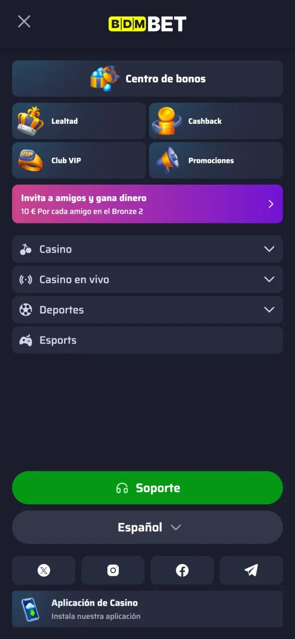 Explora el casino de BDMbet ingresando desde el menú lateral y descubre sus juegos.