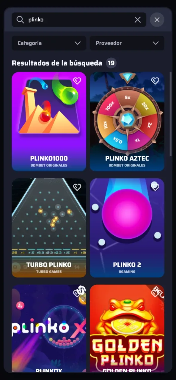 Plataforma de BDMbet con acceso directo a Plinko mediante la barra de búsqueda.