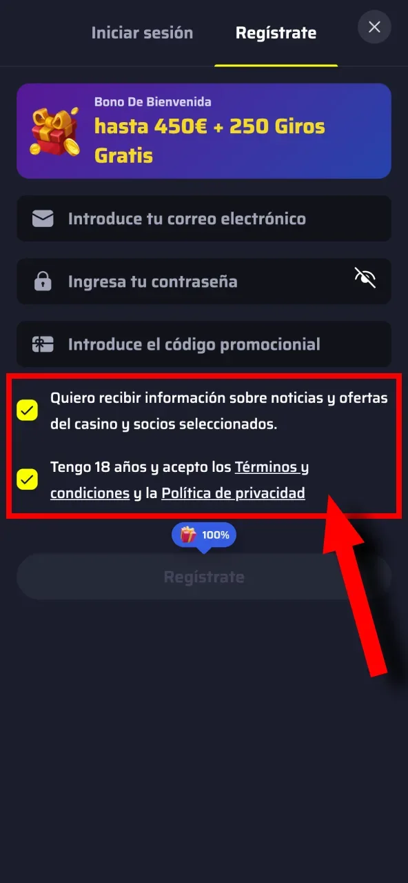 Marca las casillas requeridas en BDMbet para recibir promociones y finalizar tu inscripción.