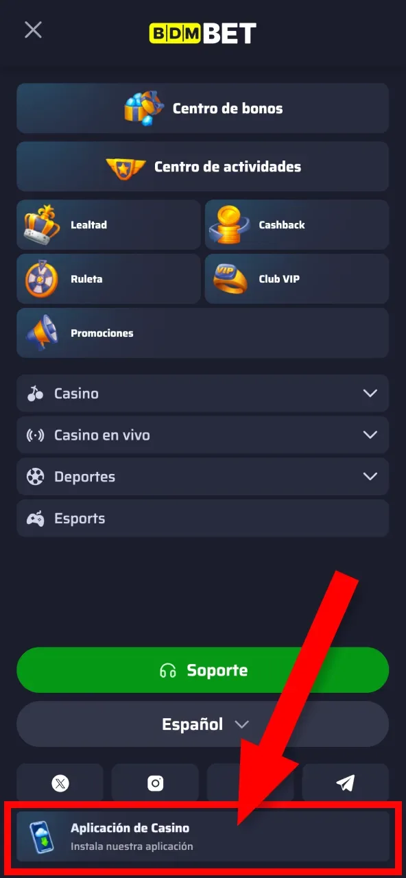Descarga la PWA de BDMbet desde la opción de aplicación de casino en la página.