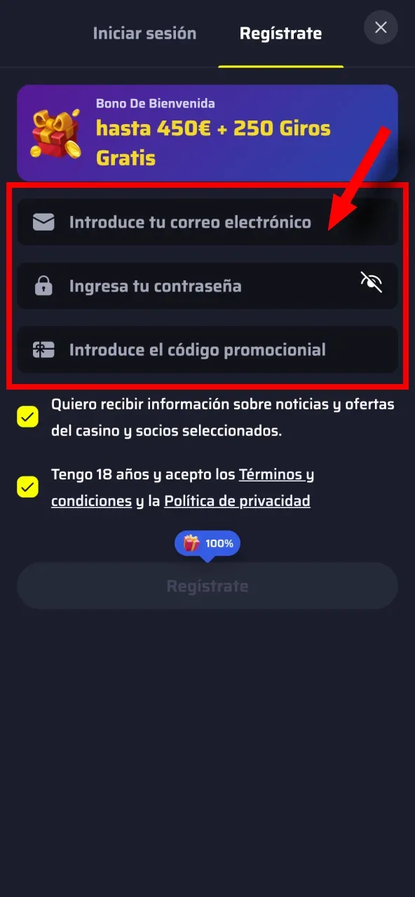 Introduce tu correo y crea una contraseña segura para completar el registro en BDMbet.
