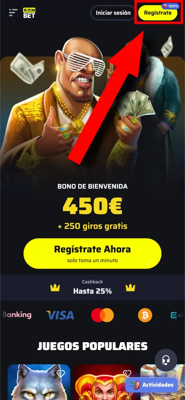 Regístrate en BDMbet haciendo clic en el botón amarillo en la esquina superior derecha.