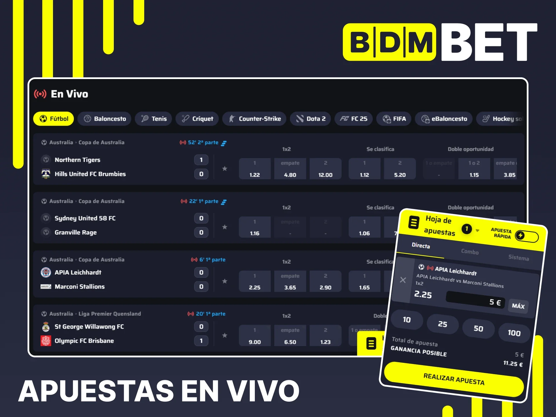 Realice apuestas deportivas en tiempo real en BDMbet.