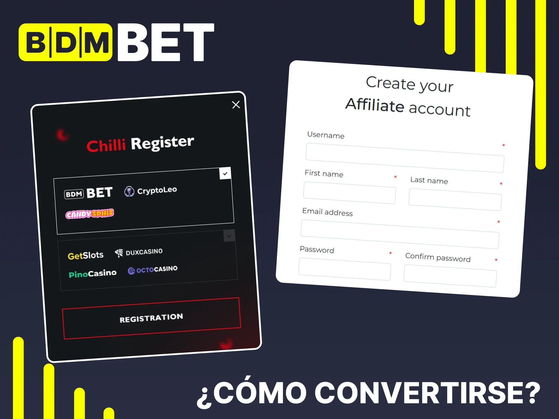Cree una cuenta de afiliado de BDMbet para unirse al programa.
