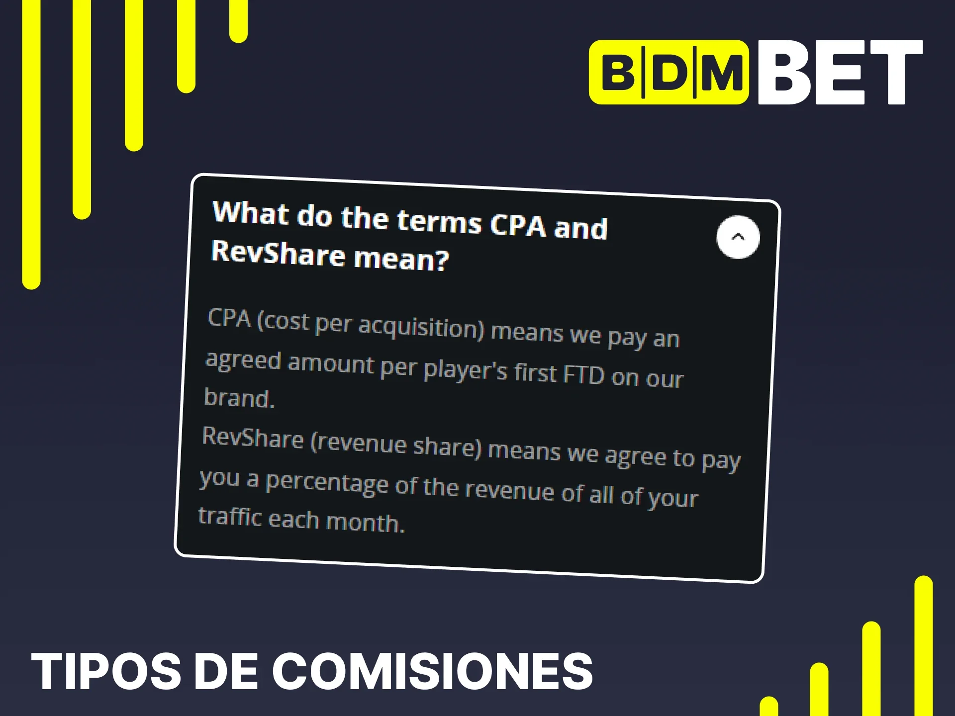 El programa de afiliados de BDMbet ofrece comisiones de CPA y RevShare.