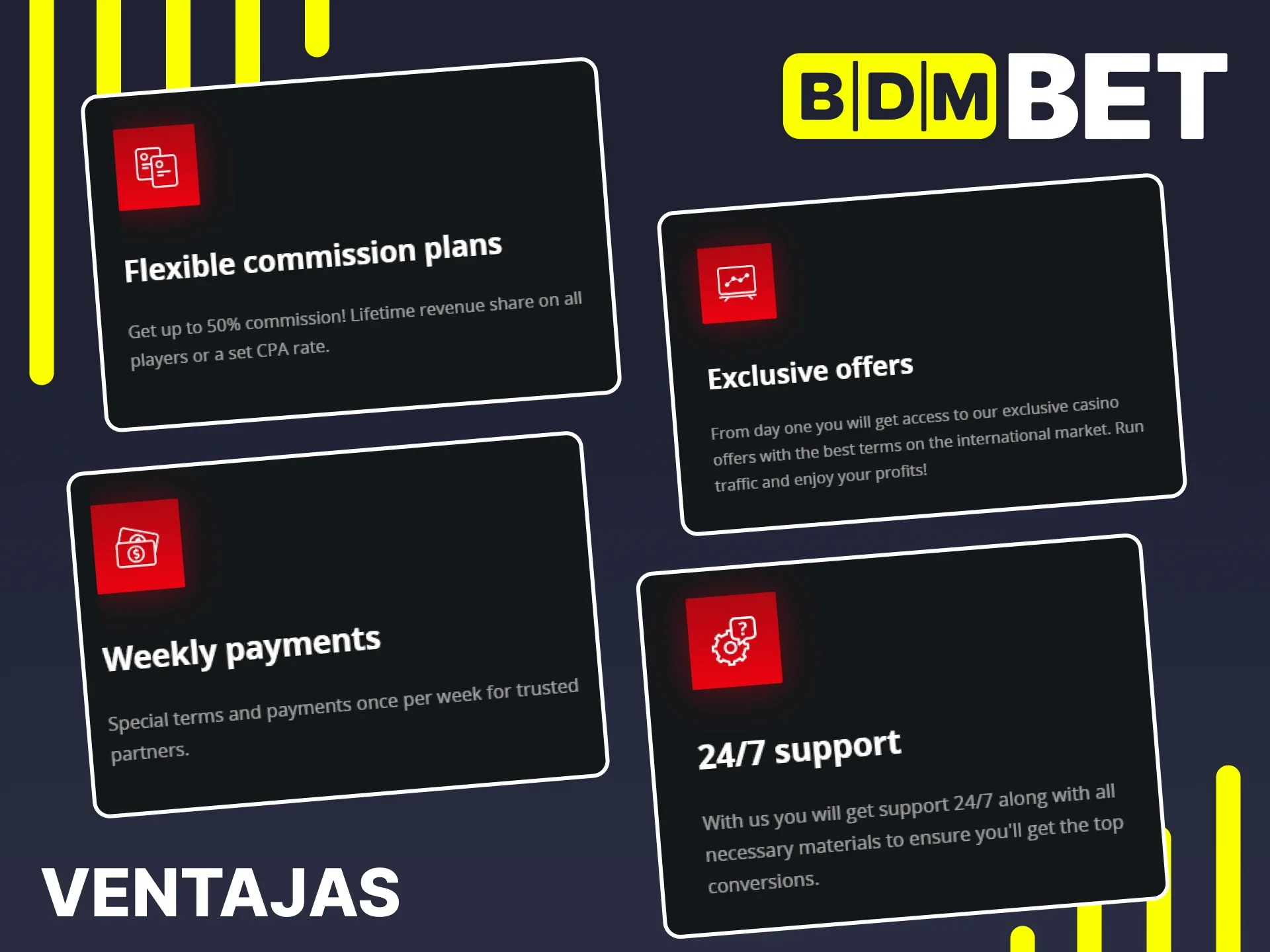Consulte las ventajas del programa de afiliados de BDMbet.