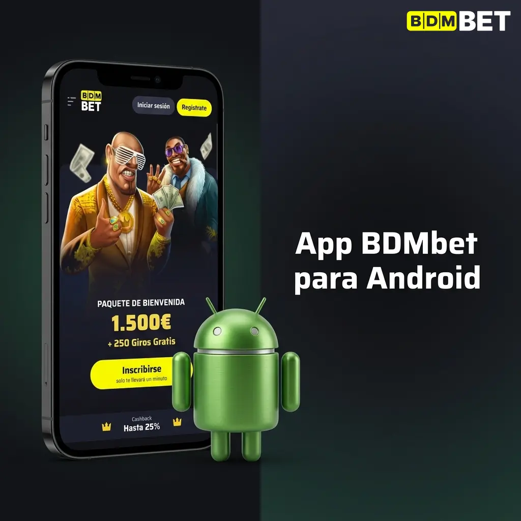 Pantalla de descarga de la app BDMbet para Android con detalles de versión, tamaño APK y requisitos mínimos del sistema