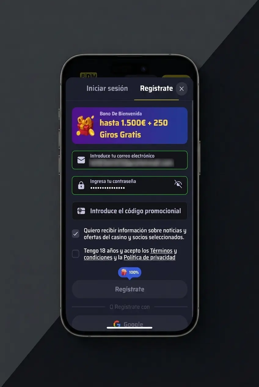 Guía visual con los 5 pasos para crear una cuenta en BDMbet y activar el bono de bienvenida en España
