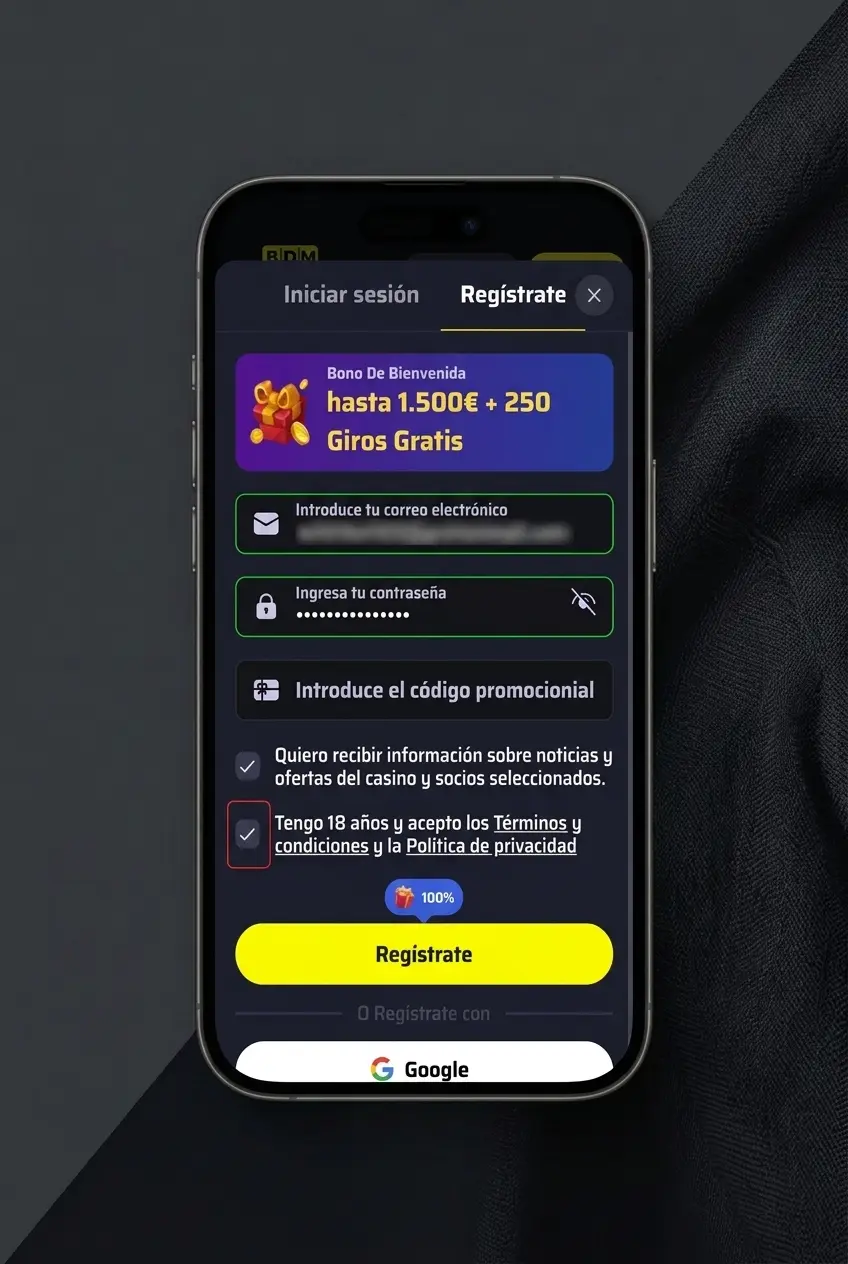 Guía visual con los 5 pasos para crear una cuenta en BDMbet y empezar a jugar con dinero real en España